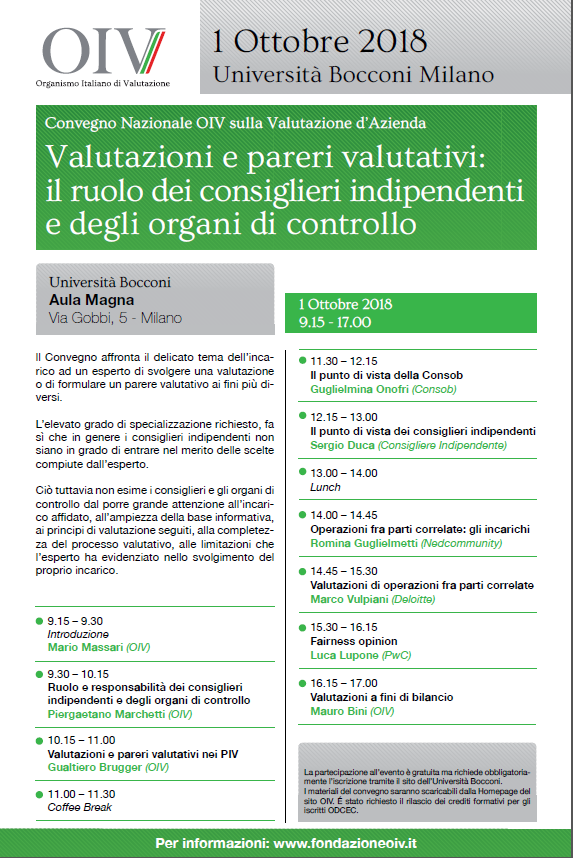 Convegno Nazionale OIV sulla Valutazione d’Azienda, 1.10.2018