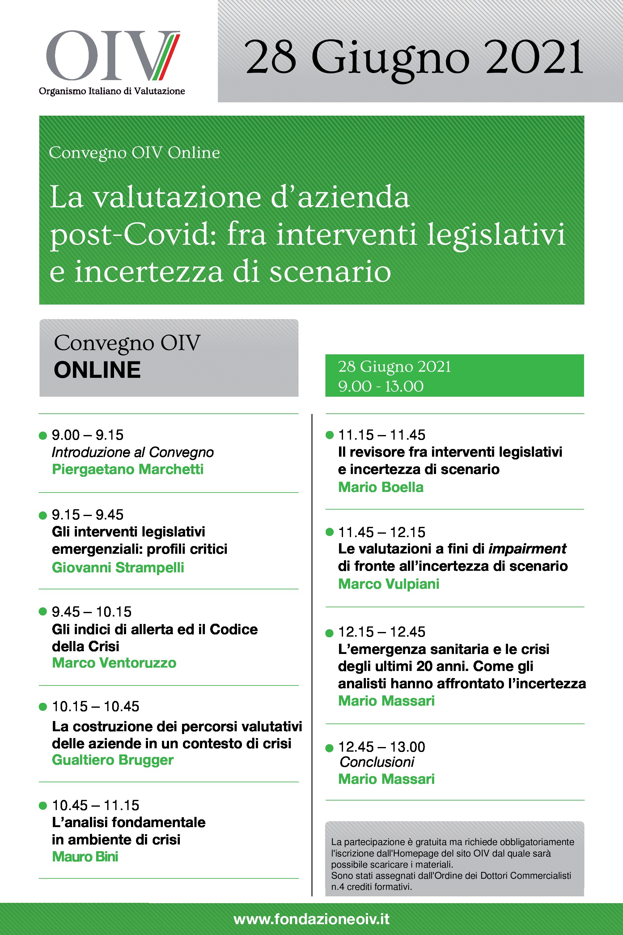 I Convegno OIV online sulla Valutazione d’Azienda post-Covid, 28.6.2021